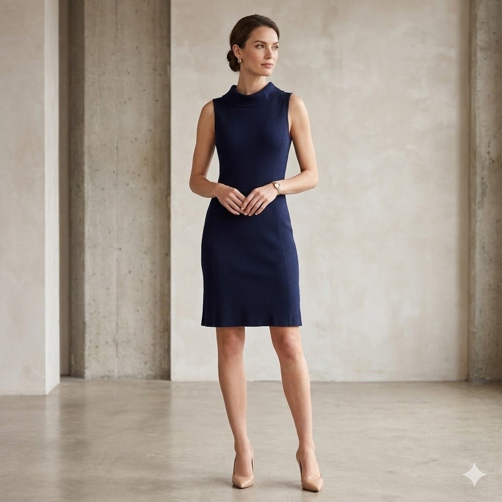 St John Collection Knit Dress Timeless 10 Navy Blue Old Money Timeless Mock Neck
